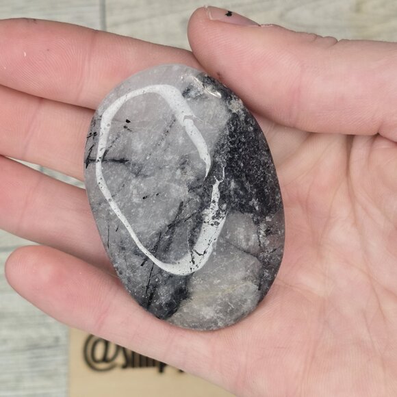 Tourmalined Quartz Crystal Palm stone - Picture 2 of 4